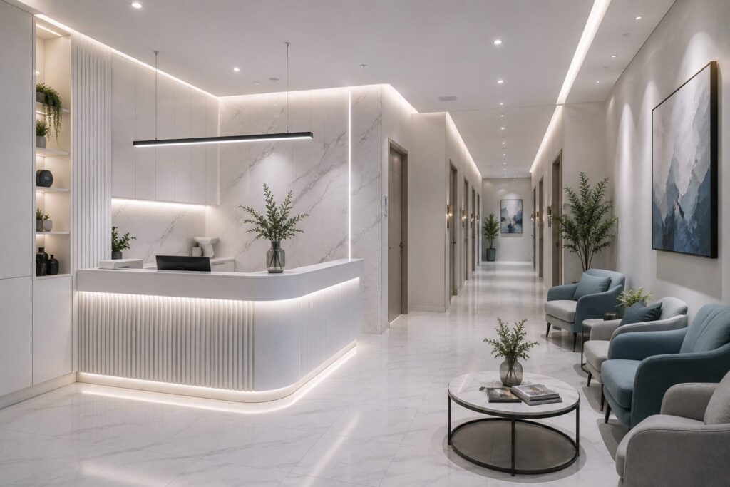 Modern clinic reception and treatment corridor