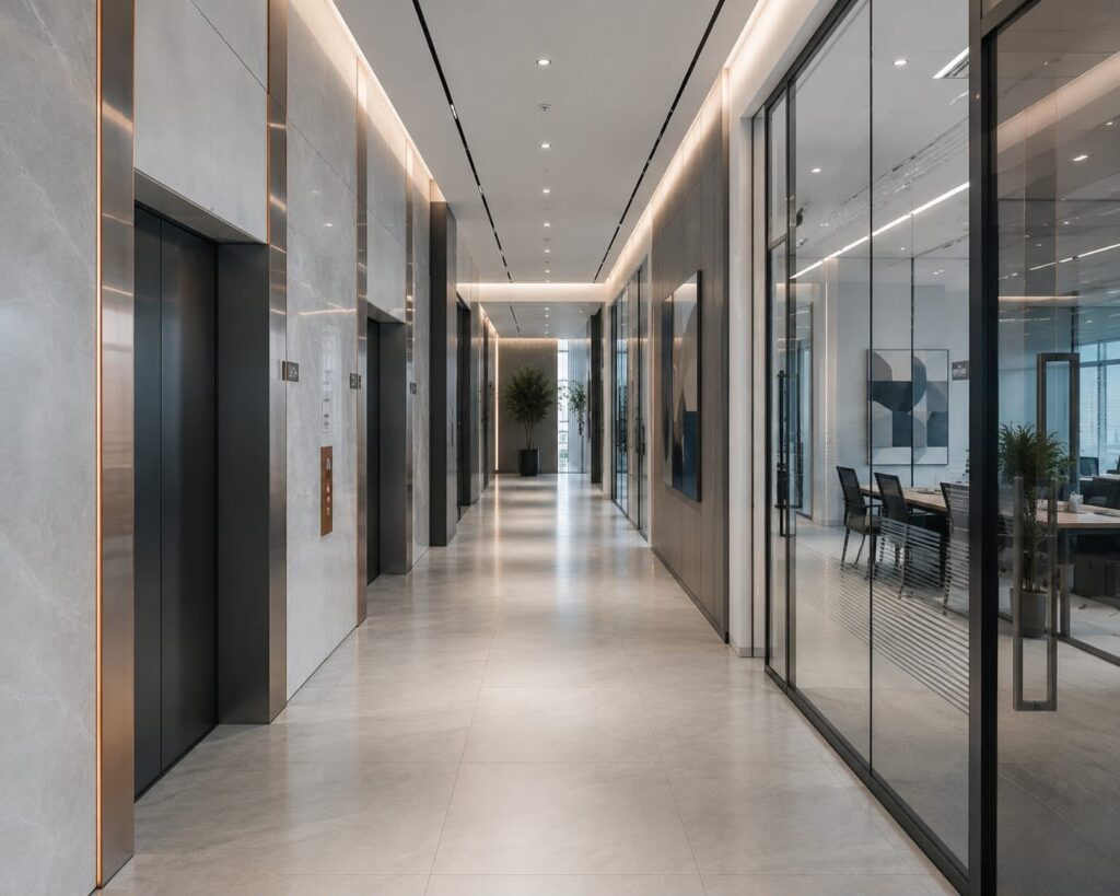 Corporate lift lobby with glass meeting room