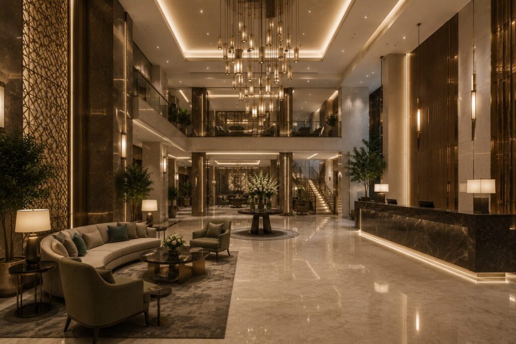 Luxury hotel lobby with cascading chandelier