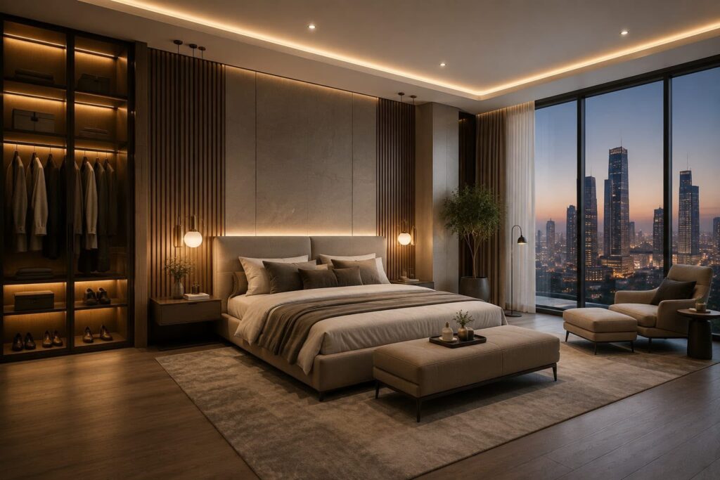 Elegant master bedroom with custom joinery
