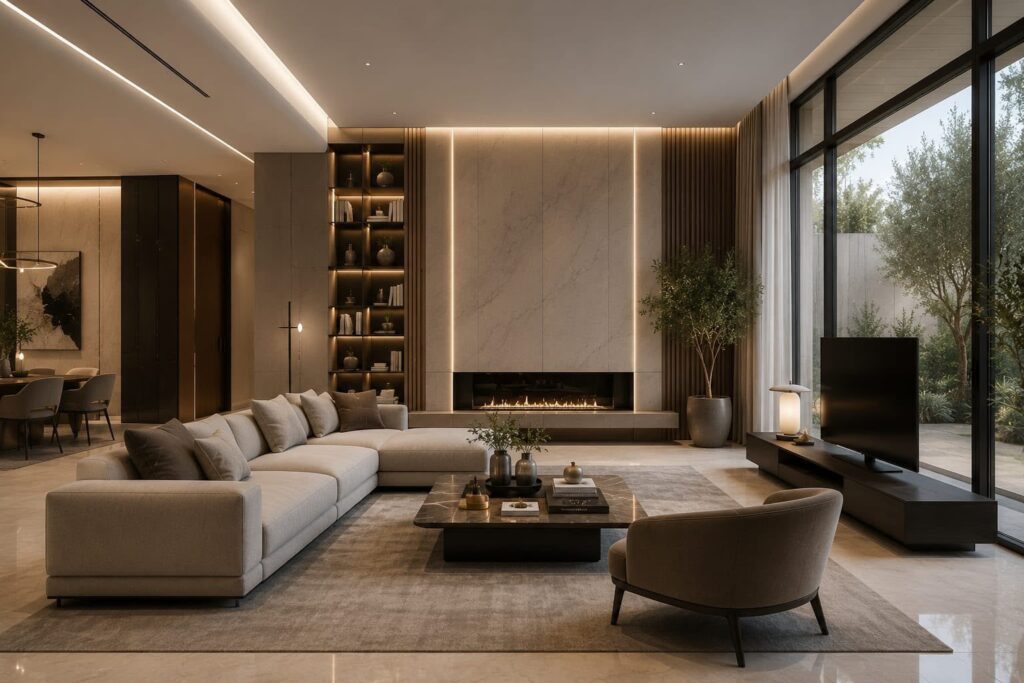 Luxury living room with linear fireplace