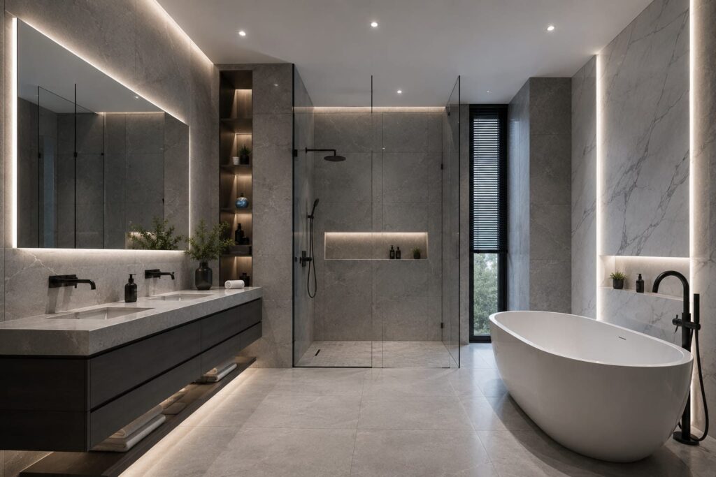 Marble bathroom with freestanding bath