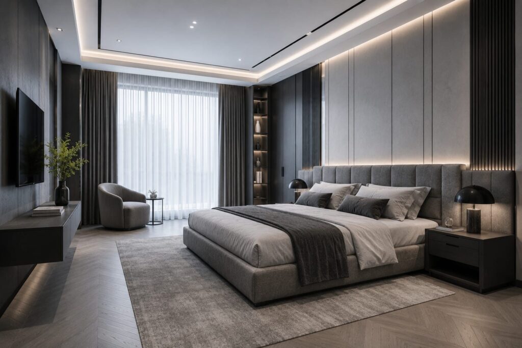 Modern bedroom with upholstered headboard