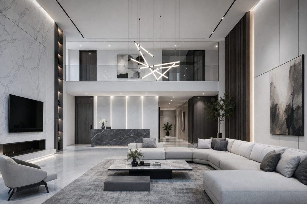 Double-height living space with feature staircase